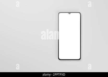 Modernes Smartphone mit leerem Bildschirm auf grauem Hintergrund, Modell-Vorlage. 3D-Rendering-Abbildung. Stockfoto