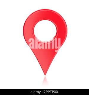 Rot glänzender Geo-Tag-Stift auf weißem Hintergrund isoliert. 3D-Rendering-Abbildung. Stockfoto
