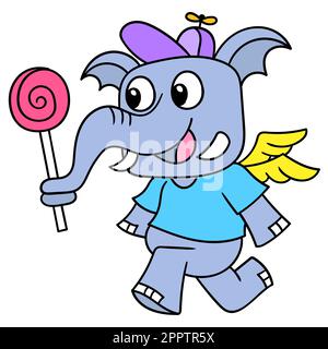 Elefant mit Lollipop, der fröhlich läuft, koodle Icon Bild Kawaii Stock Vektor