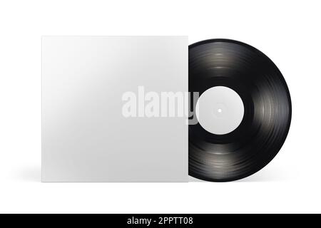 12-Zoll-Vinyl-LP-Schallkopf in leerer Kartonhülle isoliert auf weißem Hintergrund. Vorlage für Modellkonstruktion. 3D-Rendering-Abbildung. Stockfoto