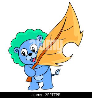 Der Bär, der trockene Blätter hält, begrüßt den Herbst und das Kawaii-Symbol Stock Vektor