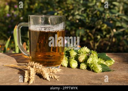 Becher mit Bier, frischem Hopfen und Weizenohren auf Holztisch im Freien, Platz für Text Stockfoto