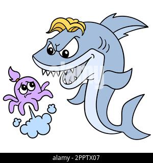 Ein wilder Hai beobachtet einen kleinen Kraken, der verängstigt und in die Ecke gedrängt ist, ein koodle Ikone-Bild Kawaii Stock Vektor