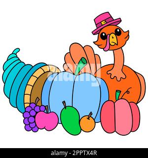 thanksgiving-truthahn mit Früchten um ihn herum, koodle Icon-Bild Kawaii Stock Vektor