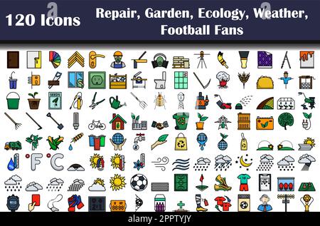 120 Symbole Für Reparatur, Garten, Ökologie, Wetter, Fußball-Fans Stock Vektor