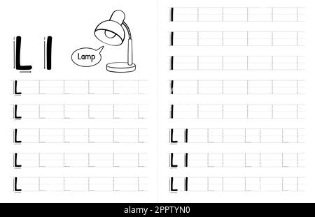 Innenausstattung mit ABC-Buchstaben und Pünktchenbuch für Kinder. Kinder Schreiben Arbeitsblatt Mit Bild. Premium Vector Elements Letter L. Stock Vektor