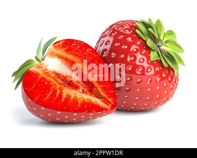 Erdbeere isoliert auf weiß. Ganze, halbe, geschnittene Erdbeeren. 3D Abbildung Stockfoto