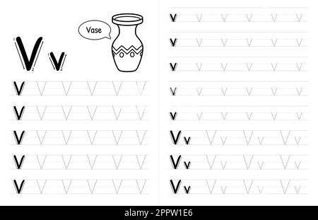 Innenausstattung mit ABC-Buchstaben und Pünktchenbuch für Kinder. Kinder Schreiben Arbeitsblatt Mit Bild. Premium Vector Elements Buchstabe V. Stock Vektor