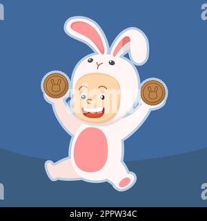 Süßes Kind in Kaninchenkostüm mit zwei Mondkuchen-Festivals Mitte Herbst Stock Vektor