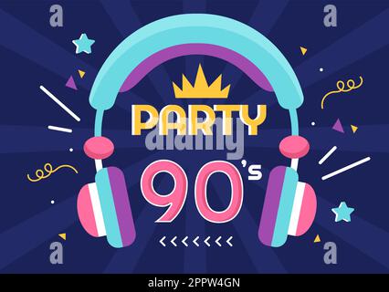 90s Retro Party Cartoon Hintergrundillustration mit Neunzigern Musik, Sneakers, Radio, Dance Time und Kassette im trendigen Flat Style Design Stock Vektor