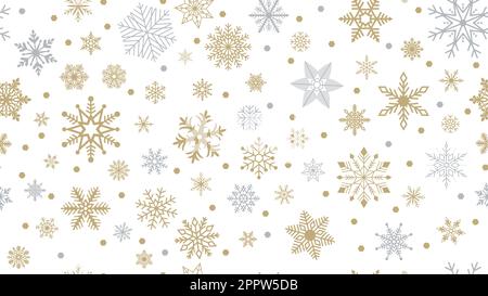 Nahtloser Weihnachtsvektor mit goldenen und silbernen Schneeflocken. Weißer Hintergrund. Stock Vektor