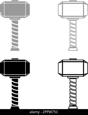 Thors Hammer Thor Mjolnir viking skandinavische Mythologie Superheld norse Waffenset Symbol grau schwarz Vektor Illustration Bild durchgehende Füllung Konturlinie dünne flache Form Stock Vektor