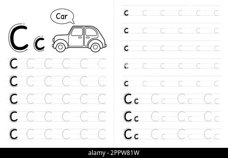 ABC-Buch mit Buchstaben für Kinder. Kinder Schreiben Arbeitsblatt Mit Bild. Premium Vector Elements Buchstabe C. Stock Vektor