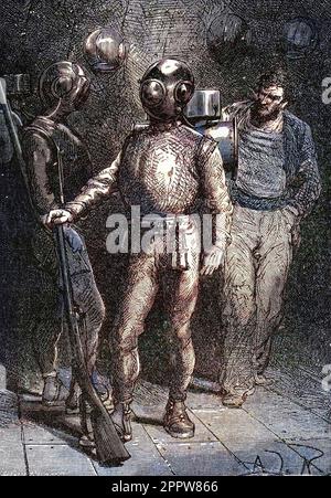 Illustration de 'Vingt mille lieues sous les mers' (Vingt-mille - 20 000 - 20000) de Jules Verne. UN Marin du Nautilus endossé du scaphandre Rouquayrol - Denayrouze. Gravure du 19eme Siecle. Stockfoto