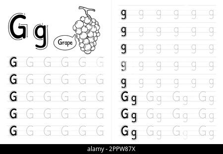 Innenausstattung mit ABC-Buchstaben und Pünktchenbuch für Kinder. Kinder Schreiben Arbeitsblatt Mit Bild. Premium Vector Elements Buchstabe G. Stock Vektor