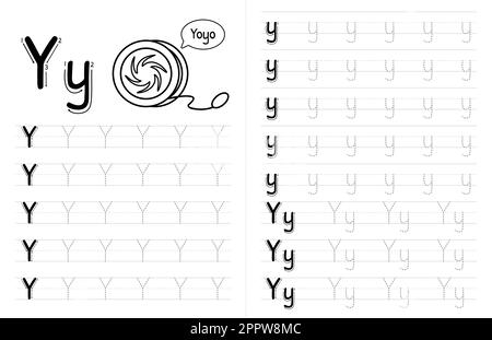Innenausstattung mit ABC-Buchstaben und Pünktchenbuch für Kinder. Kinder Schreiben Arbeitsblatt Mit Bild. Premium Vektorelemente Buchstabe Y Stock Vektor