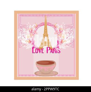 Liebe Paris Eiffel Turm und Kaffee über rosa Hintergrund. Vektor-illustration Stock Vektor