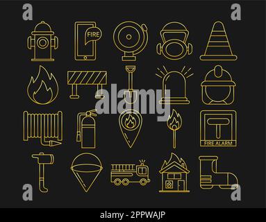 Goldene Feuerwehrsymbole isolieren sich auf schwarzem Hintergrund Stock Vektor