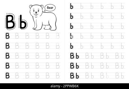 ABC-Buch mit Buchstaben für Kinder. Kinder Schreiben Arbeitsblatt Mit Bild. Premium Vektorelemente Buchstabe B. Stock Vektor
