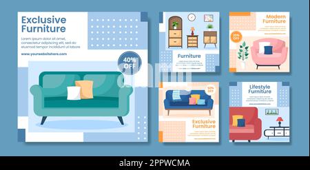 Startseite Möbel Social Media Post Template Flat Cartoon Hintergrund Vektor Illustration Stock Vektor
