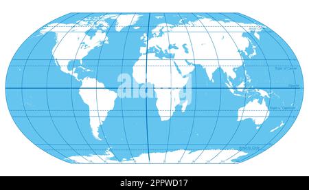 Die Welt, wichtige Breiten- und Längenkreise, politische Landkarte Stock Vektor