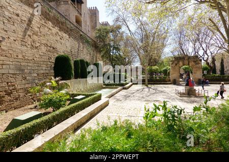 Palma, Mallorca, Spanien -30. März 2023, öffentlicher Park mit schönem Springbrunnen oder königlicher Garten im alten Teil von Palma de Mallorca Stockfoto