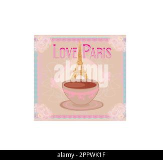 Liebe Paris Eiffel Turm und Kaffee über rosa Hintergrund. Vektor-illustration Stock Vektor