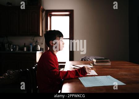 Der Junge sitzt am Esstisch und macht seine Hausaufgaben Stockfoto