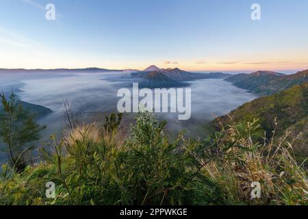 Blick auf den Bromo und die ländliche Landschaft bei Sonnenaufgang, Indonesien Stockfoto