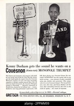Eine ganzseitige Anzeige für Gretsch Couesnon Monopole Trompete mit dem Jazzstar Kenny Dorham. Aus einem Musikmagazin aus den frühen 1960er Jahren. Stockfoto