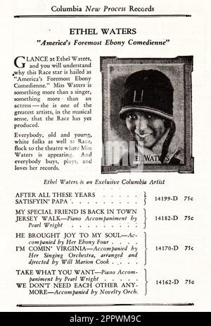 Eine Anzeige in einem 1927 Columbia Records Race Recording Katalog mit den Aufnahmen der Sängerin Comedienne Ethel Waters mit 78 Aufträgen. Laut Professor Google wären 75 Cent im Jahr 1927 etwa $12,57 im Jahr 2023. Stockfoto