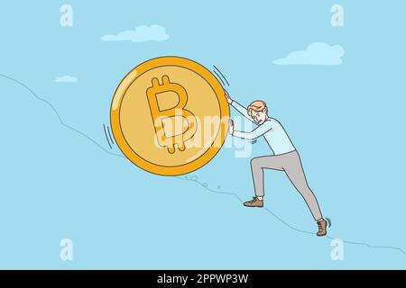 Geschäftsmann schiebt Bitcoin bergauf Stock Vektor