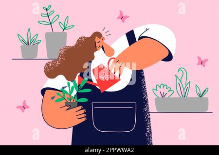 Lächelnde Frau Bewässerung Pflanzen Stock Vektor