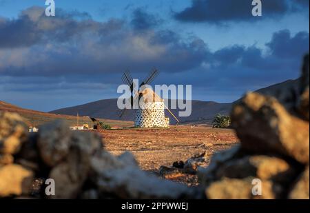 Windmühle in der Villa Verde La Oliva Fuerteventura bei Abendlicht Stockfoto