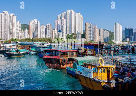 Der Hafen von Aberdeen ist ein beliebter Ort, an dem Besucher sich entspannen und Selfies mit den Booten machen können. Stockfoto