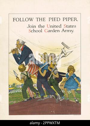 Folgen Sie dem Rattenfänger und schließen Sie sich der US School Garden Army von Maginel Wright Barney an. Stockfoto
