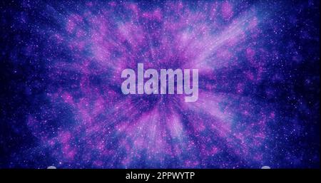 Lila und blau wunderschöne leuchtende, glänzende Sternpartikel fliegen durch die Galaxie in Weltraumenergie-Magie mit Unschärfe und Bokeh-Zoomeffekt. Abstract Bac Stockfoto