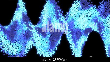 Blau-weiße, sich bewegende Spiralen von Molekülen und dna von Bällen, medizinische und wissenschaftliche, die sich mit Energie verwirbeln und glühen. Bildschirmschoner im digitalen Stil. A Stockfoto