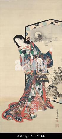 Höllische Kurtisane von Kawanabe Kyosai (Japanisch, 1831–1889) Japan, Meiji-Zeit (1868–1912) schöne Frauen, elegant gekleidet in reichem, mehrschichtigem Kimono, waren die beliebtesten Themen traditioneller japanischer Künstler und Druckereien des 17., 18. Und 19. Jahrhunderts. Diese Kurtisane, die durch die obi-Bindung an der Vorderseite gekennzeichnet ist, wird traditionell dargestellt. Hängende Schriftrolle: Tinte, Farbe, Gold und Silber auf Seide Bild: 144,2 x 67,6 cm (56 3/4 x 26 5/8 Zoll); insgesamt: 233,7 x 92,1 cm (92 x 36 1/4 Zoll) Stockfoto