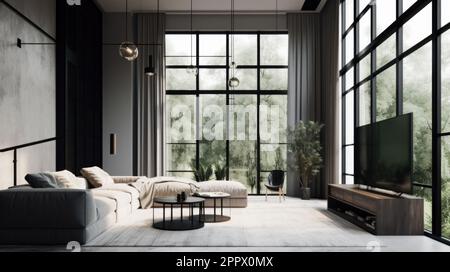Innenraum eines Wohnzimmers in einem modernen Landhaus oder Apartment. Minimalismus, helle Möbel, Panoramafenster mit dunklen Vorhängen Stockfoto