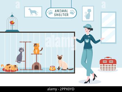 Tierheim Cartoon Illustration mit Tieren sitzen in Käfigen und Freiwilligen Fütterung Tiere für die Annahme in Flat Hand Drawn Style Design Stock Vektor