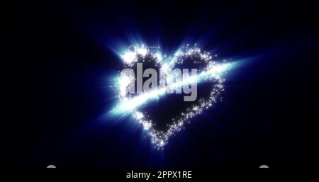 Ein Herz aus einem fliegenden Kometen salutiert die Liebe aus Partikeln und Linien aus leuchtendem Gold auf blauem Hintergrund zum Valentinstag. Abstrakter Bildschirmschoner Stockfoto