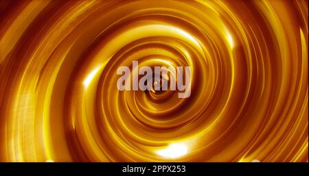 Abstrakter Hintergrund mit gelbem, vergoldetem Trichter oder Spirale aus glänzendem Metall mit Leuchteffekt. Der Bildschirmschoner ist wunderschön. Stockfoto