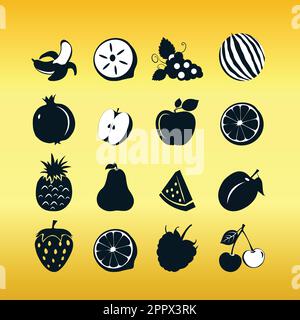 Schwarze Fruchtsymbole isolieren sich auf goldenem Hintergrund Stock Vektor