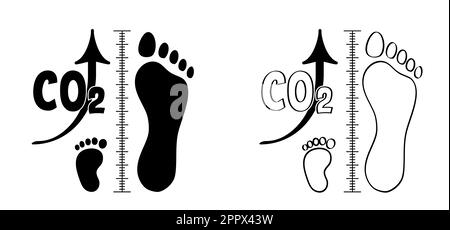 Diagramm zur Reduzierung oder Erhöhung des CO2-Konzepts von Kohlenstoff und Stickstoff. Fußabdruck oder Schritte. Cartoon CO2, CO2-Emissionen, Reduktionswerte. Kohlendioxid Stockfoto