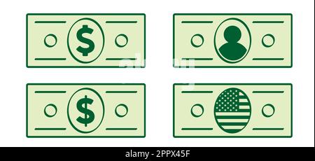 Cartoon Bundle usa Papiergeld Symbol oder Logo. Vektordollar, Geldscheine oder Geldscheine. Bargeld- und Währungsrechnungen. Banknoten, Bankfinanzinvestitionen Stockfoto
