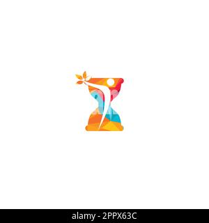 Sanduhr- und Human-Charakter-Logo. Sandglas mit gesundem Ikon-Vektordesign. Stock Vektor