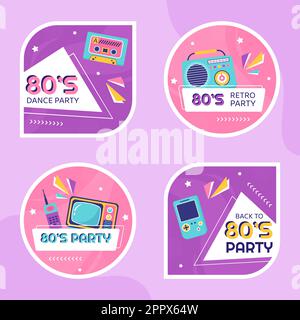 80s Party Label Vorlage flache Cartoon Hintergrund Vektor Illustration Stock Vektor