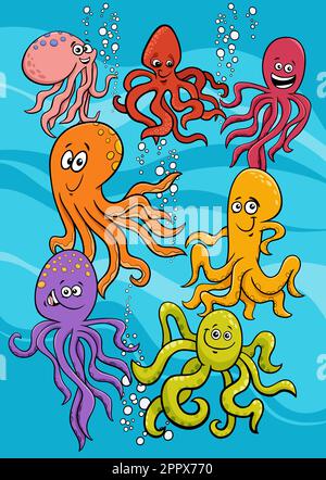 cartoon-Illustration mit den tierfiguren des kraken Stock Vektor