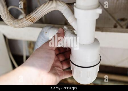 Der Klempner zerlegt den alten Plastikheber in der Küche des Dorfhauses, um den Abfluss zu reinigen Stockfoto